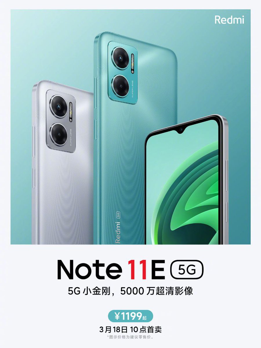 NishantBareilly's tweet photo. Redmi Note 11E #5G launched.
- Waterdrop Notch
- 50MP dual rear camera
- Support 5G
- Price : 1199 CNY
#RedmiNote11E #RedmiNote11EPro https://t.co/Hc8LQL3cPd