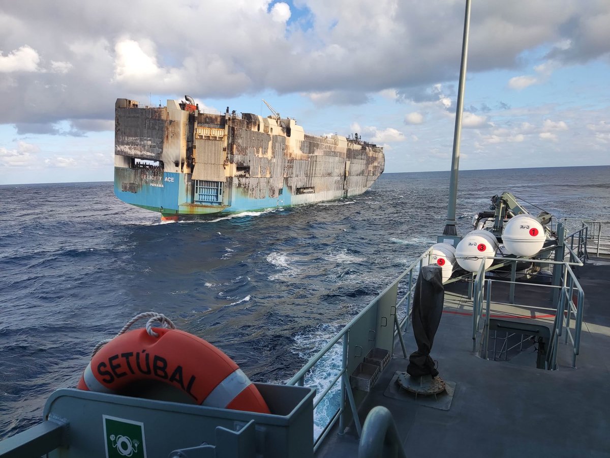 gCaptain's tweet photo. New photo of the Felicity Ace before she sank today. As you can see, the fire engulfed the entire vessel and she was listing. Story here: https://t.co/5ZAkJmEvSU https://t.co/fi85wbvYOi