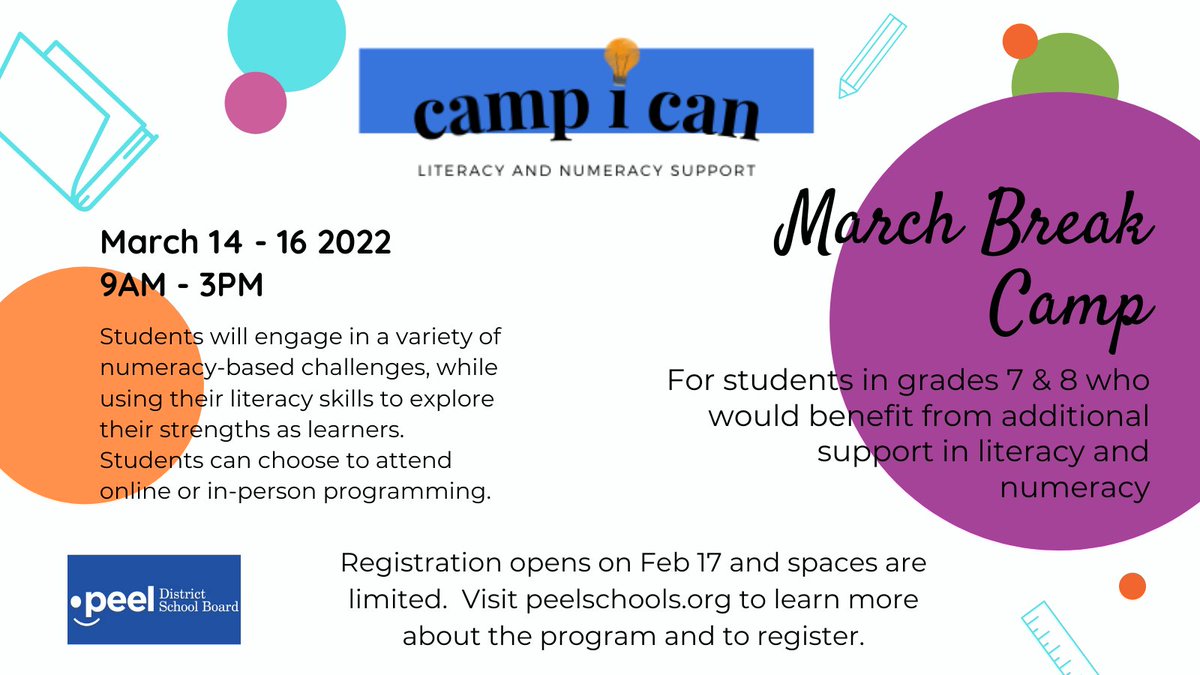 Looking for March Break programs? 

This three-day camp provides opportunities for students in grades 7 to 10 to practice and build their literacy and numeracy skills through engaging online learning activities.

Register now: peelschools.org/elementary/pro…