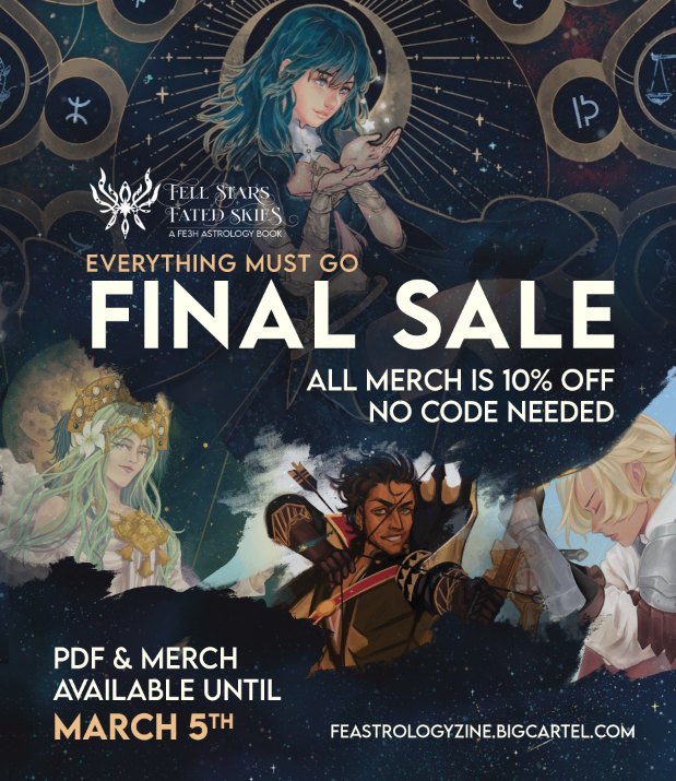 Everything must go! ALL merch items are 10% off in our store. No code necessary! 💛 

Be sure not to let the stars sail past 💫 

✨ Our leftovers sale closes on March 5th. After that, you won't be able to get our PDF or our merch! ✨