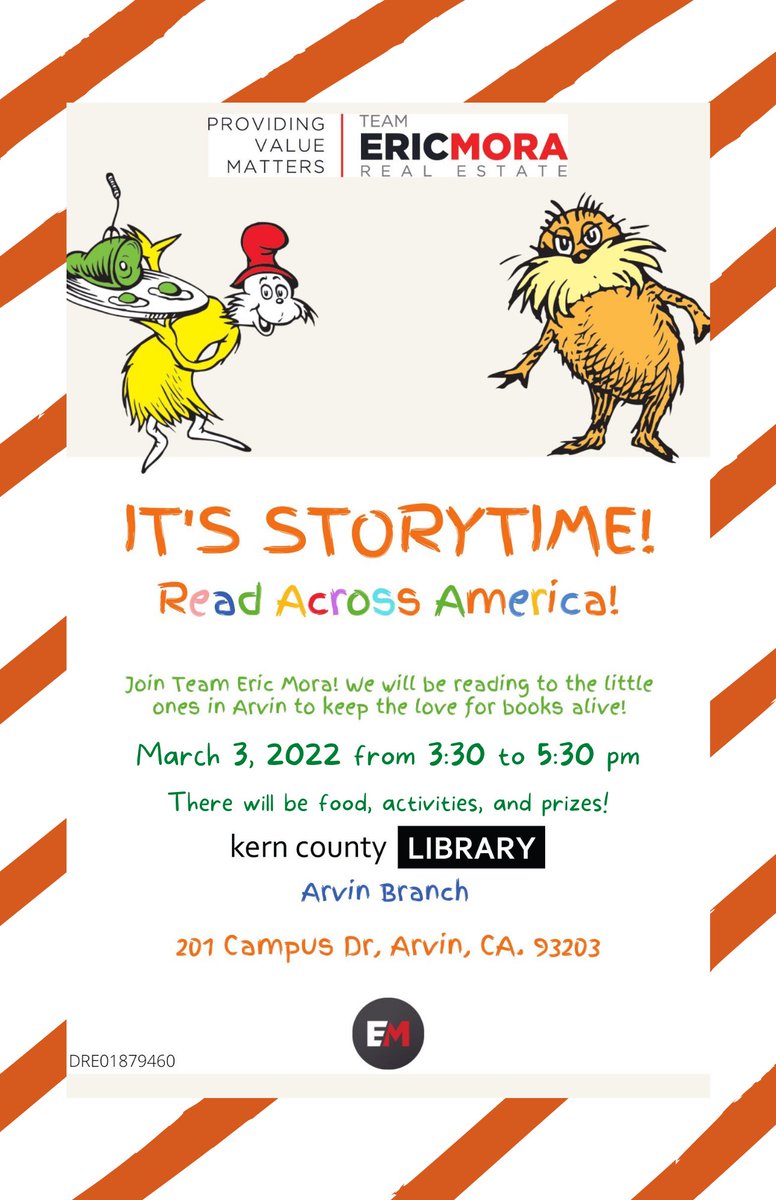 ga_arvin's tweet photo. It's National Reading Month! 

Join Team Eric Mora at the Kern County Library: Arvin Branch for storytime! There will food, activities, and prizes. 

Thursday, March 3rd from 3:30 pm - 5:30 pm

Arvin Branch Library: 201 Campus Drive, Arvin CA 93203 https://t.co/0OyU3wbol7