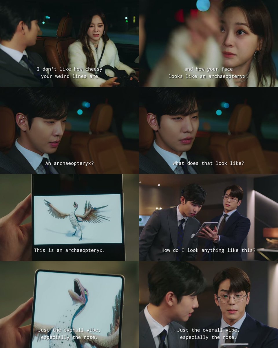 kdramadaisy's tweet photo. kang tae moo the archaeopteryx 😭 shin hari how can u come out with this comparison, even secretary cha is impressed 😂

"just the overall vibe, especially the nose." 😂
#BusinessProposal 
#BusinessProposalEp2 https://t.co/eNa8xuWbeq