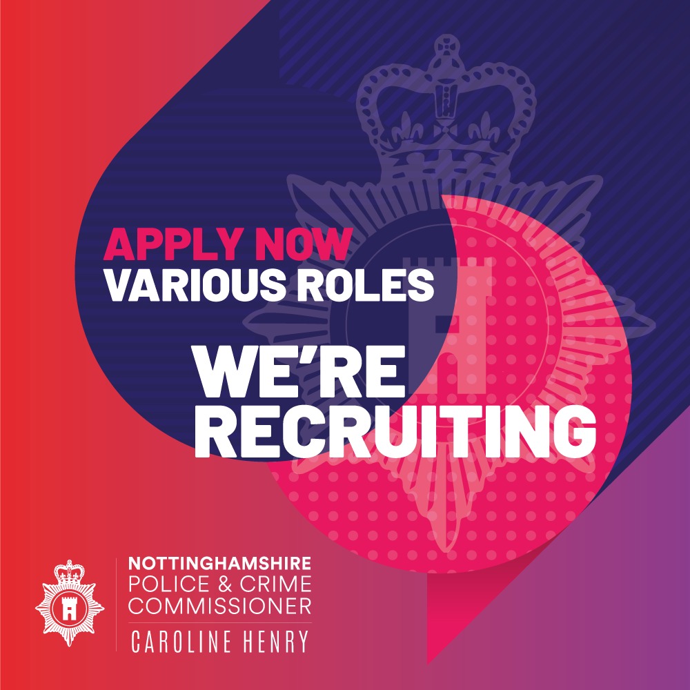 We’re recruiting for various roles! Our communities deserve nothing less than effective service with the needs of victims and communities at the heart of everything we do. To help our office Make Notts Safe, read more and apply here: bit.ly/3teAPgO