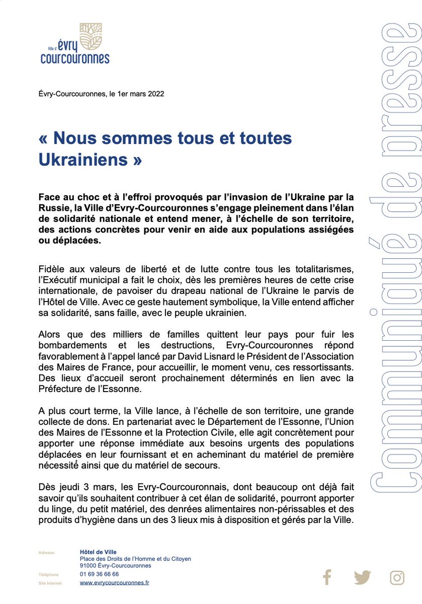 VilledEvryCourc's tweet photo. 📣 Face au choc et à l’effroi provoqués par l’invasion de l’Ukraine par la Russie, la Ville s’engage pleinement dans l’élan de solidarité nationale et entend mener, à l’échelle de son territoire, des actions concrètes pour venir en aide aux populations assignées ou déplacées. https://t.co/3IA0kKMxmV