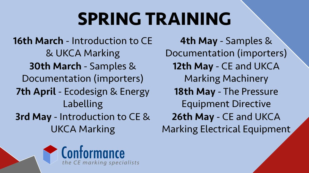 ConformanceLtd's tweet photo. Upcoming spring training dates. If you or your colleagues would like to learn more about CE marking or the new UKCA marking book now. https://t.co/McnbBv56yL
 #compliance #upskill #develpment #training https://t.co/slZWP4FHii