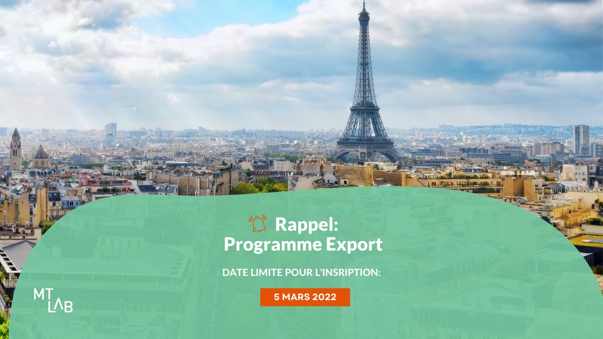 📣  La date limite de l’inscription au programme Export approche!
 
Vous souhaitez faire partie des 4 startups qui découvriront le marché français?
Une mission commerciale vous attend avec le @WelcomeCityLab!
Déposez votre candidature avant le 5 mars ici:
bit.ly/3IuckTa