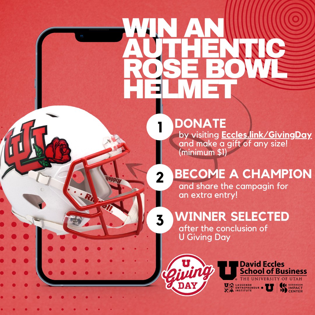 When U support <a href="/UBusiness/">Eccles School</a> students on #UGivingDay, you will be entered into a drawing to win an authentic <a href="/Utah_Football/">Utah Football</a> Rose Bowl helmet!

A contribution of any size ($1 minimum) is all it takes! Visit Eccles.link/GivingDay and help us get to our goal of 350 donors!