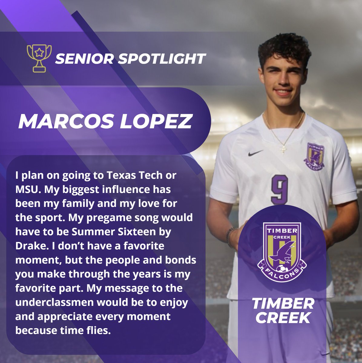 It's Gameday and our Senior Spotlight is Marcos Lopez. Marcos is the pregame team DJ and knows how to get his teammates hype. He has had some key goals in key moments for us this year. We are excited to have him as a Newcomer to Varsity this year. Go Falcons!