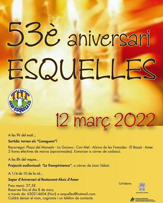 esquelles's tweet photo. Celebrem el 53è aniversari amb un nou Coneguem, amb una projecció audiovisual de la Transpirenaica i amb un bon sopar als Absis.
T’hi apuntes? #amuntiendavant @viladAmer #feec https://t.co/vzNg7wpy0l
