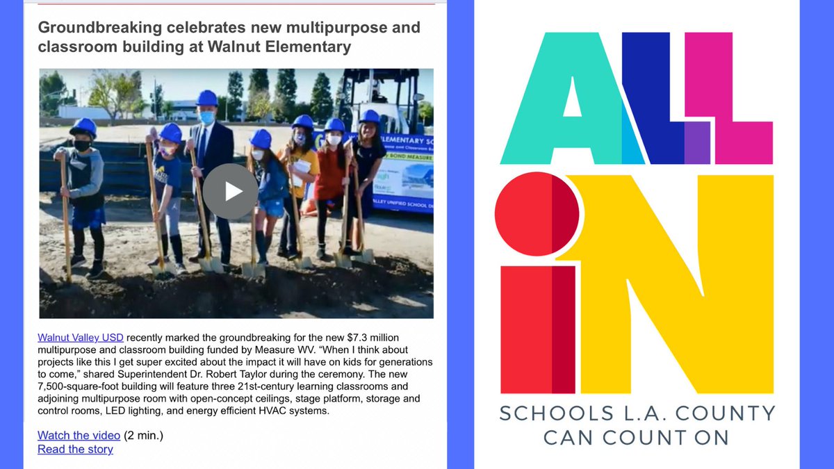 Walnut Valley USD (@wvusd_tweet) on Twitter photo In The News! <a href="/WalnutColts/">WalnutColts</a> groundbreaking ceremony is featured in this week’s @LosAngelesCOE “All In” eNews report at conta.cc/3tf3ouI. Video at: youtu.be/4l0OWMDIaGI and Story at: bit.ly/3LRJNsQ. #WVUSDProud #TogetherAgain #ReconnectRestoreReimagine In The News! <a href="/WalnutColts/">WalnutColts</a> groundbreaking ceremony is featured in this week’s @LosAngelesCOE “All In” eNews report at conta.cc/3tf3ouI. Video at: youtu.be/4l0OWMDIaGI and Story at: bit.ly/3LRJNsQ. #WVUSDProud #TogetherAgain #ReconnectRestoreReimagine
