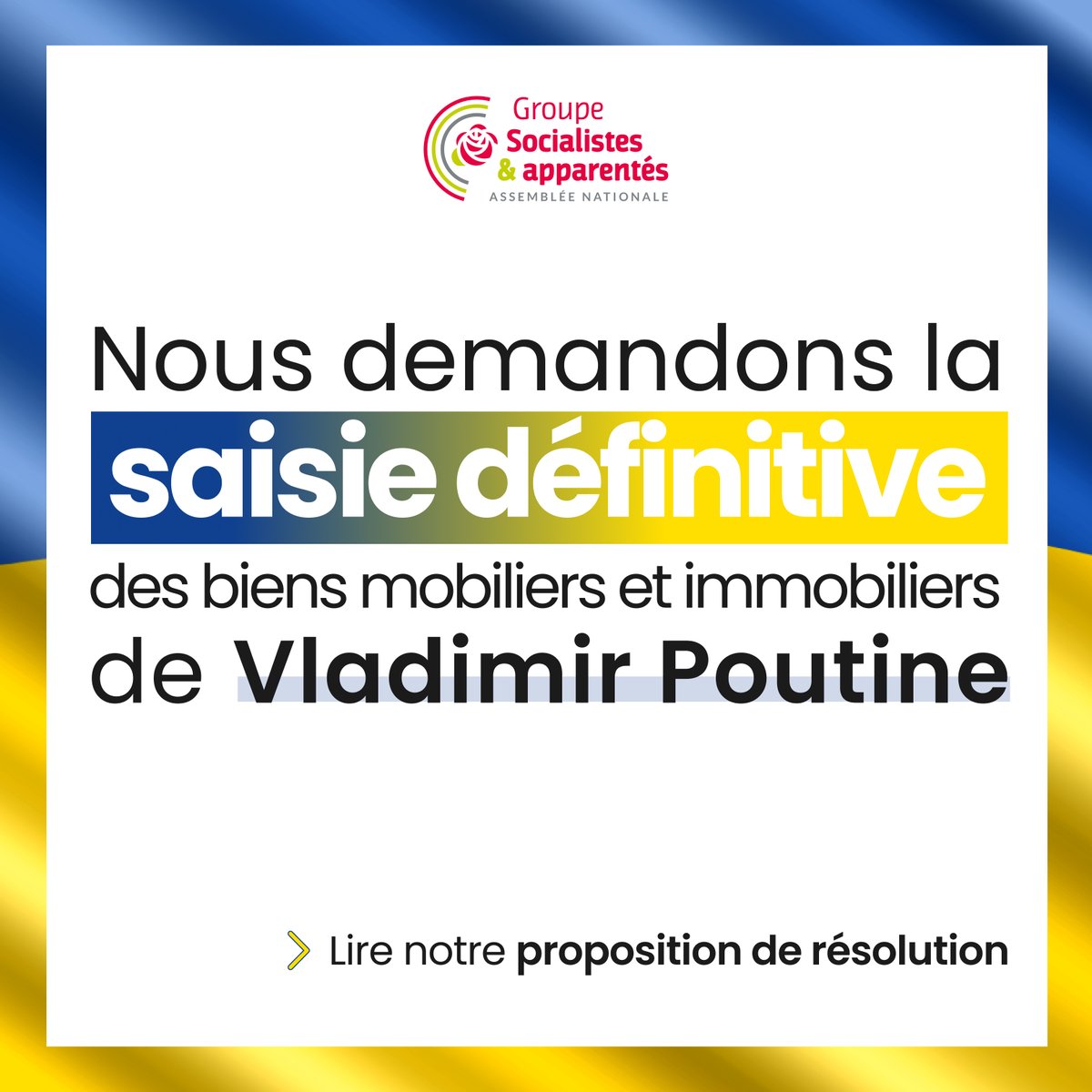 Nous demandons la saisie et la mise en vente des biens de Vladimir Poutine et de sa famille, situés en France et dans l'Union européenne.

À l'initiative de <a href="/DavidDhabib/">David Habib</a>, nous avons déposé une proposition de résolution aujourd'hui 👉 bit.ly/SaisieDesBiens

#StandWithUkraine
