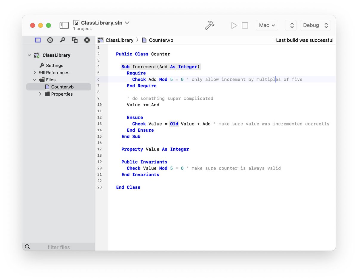 VBMercury's tweet image. One of two awesome new features in last week's build of Mercury are Class Contracts, which allow you to write code that tests itself and insures your classes always have a consistent state.
docs.elementscompiler.com/Mercury/Langua…
Inspired by Design by Contract™ and Oxygene
#dotnet #vbnet #vb