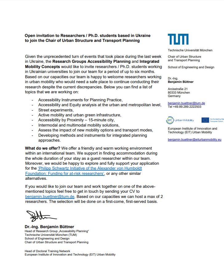 TUM Accessibility Planning (@rgaccessibility) on Twitter photo Open invitation to Researchers / Ph.D. students based in #Ukraine to join the <a href="/RGAccessibility/">TUM Accessibility Planning</a> based in Munich!
If you would like to join our team and work together on one of the #urbanmobility topics feel free to get in touch with <a href="/Ben_Buettner/">Benjamin Büttner</a>. Open invitation to Researchers / Ph.D. students based in #Ukraine to join the <a href="/RGAccessibility/">TUM Accessibility Planning</a> based in Munich!
If you would like to join our team and work together on one of the #urbanmobility topics feel free to get in touch with <a href="/Ben_Buettner/">Benjamin Büttner</a>.