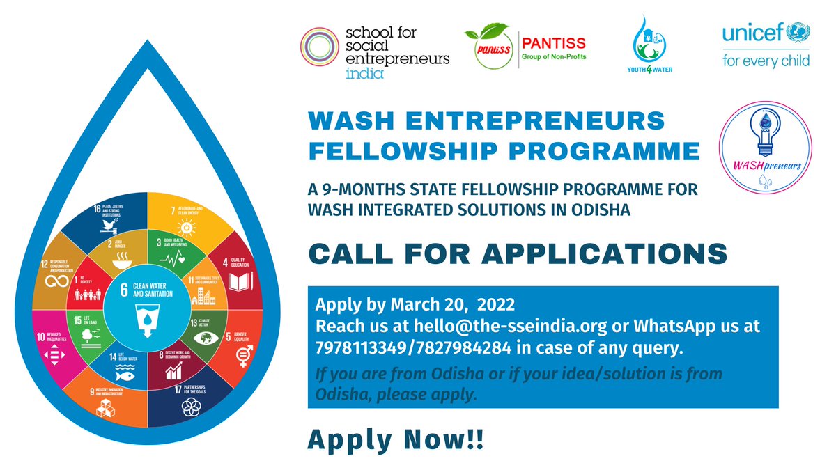 Call for WASHpreneurs!! Are you willing to work on your idea to solve WASH-related problem addressing SDG 6 and build it into a social enterprise? If yes, apply for WASH Entrepreneurs Fellowship Programme. @Pantiss2 @UNICEFIndia @shalabhmittals @SchSocEnt #socent