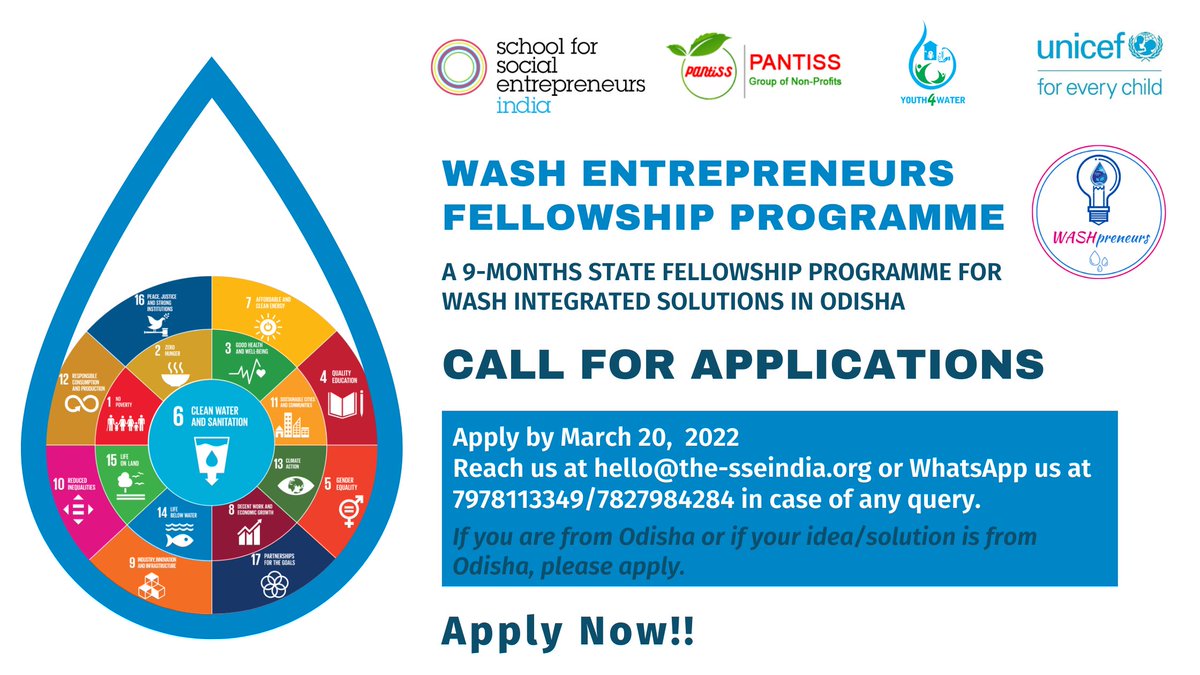 The SSE India (@thesseindia) on Twitter photo Call for WASHpreneurs!!
Are you willing to work on your idea to solve WASH-related problem addressing SDG 6 and build it into a social enterprise?
If yes, apply for WASH Entrepreneurs Fellowship Programme.
<a href="/Pantiss2/">Pantiss</a> <a href="/UNICEFIndia/">UNICEF India</a> <a href="/shalabhmittals/">Shalabh Mittal</a> <a href="/SchSocEnt/">The School for Social Entrepreneurs</a> #socent Call for WASHpreneurs!!
Are you willing to work on your idea to solve WASH-related problem addressing SDG 6 and build it into a social enterprise?
If yes, apply for WASH Entrepreneurs Fellowship Programme.
<a href="/Pantiss2/">Pantiss</a> <a href="/UNICEFIndia/">UNICEF India</a> <a href="/shalabhmittals/">Shalabh Mittal</a> <a href="/SchSocEnt/">The School for Social Entrepreneurs</a> #socent