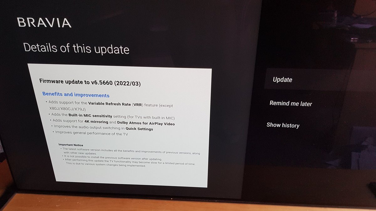 Vincent_Teoh's tweet photo. BREAKING: Sony has started rolling out the long-awaited VRR firmware update on the company's 2021 TVs with BRAVIA XR processor. It popped up on my Sony A90J OLED (US model) when I checked for updates on the TV this morning. https://t.co/o58tVPMnV4