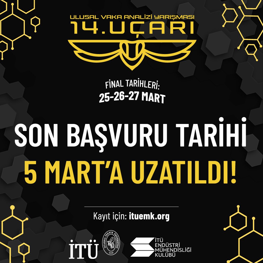 14. UçArı Ulusal Vaka Analizi Yarışmasının başvuruları yoğun talep üzerine 5 Mart’a uzatıldı! Bu yarışmanın bir parçası olarak birbirinden değerli ödülleri kazanan takımlardan biri olmak için hala geç değil! Sen de 3 kişilik ekibini kur, ituemk.org üzerinden başvur!