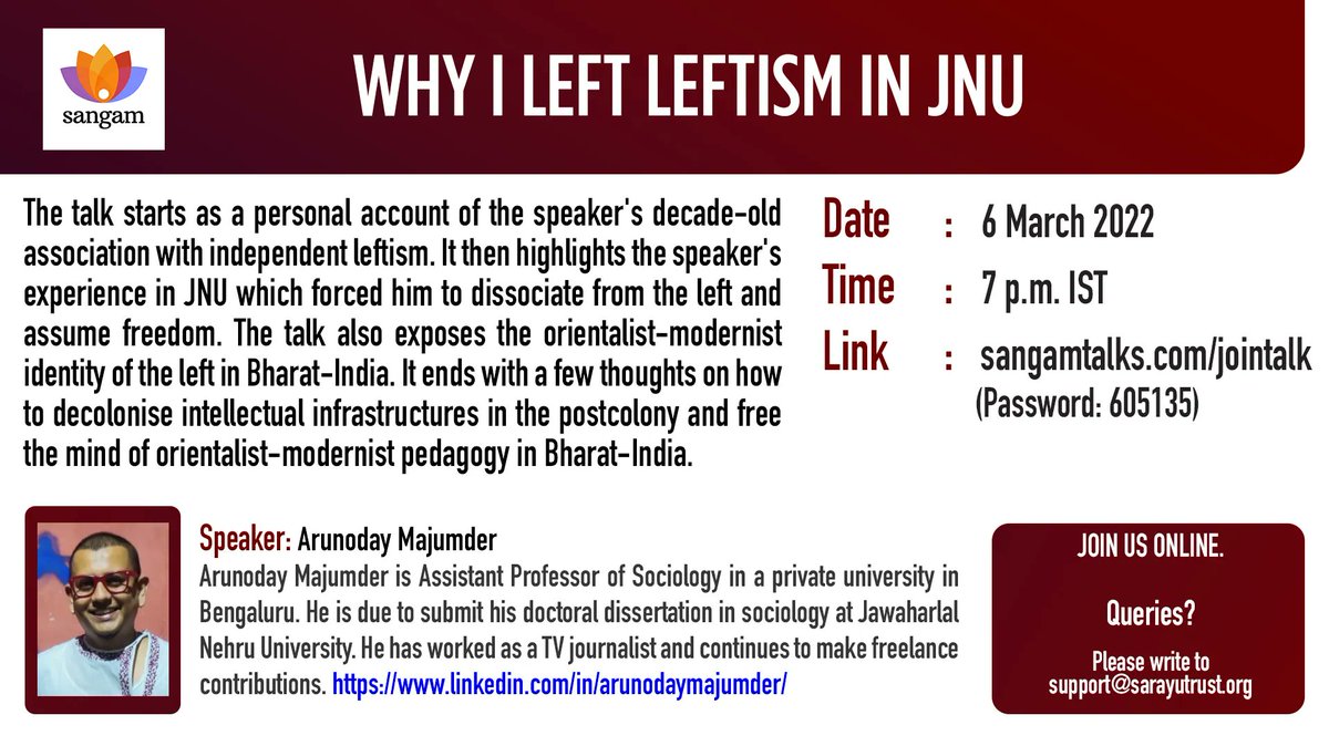 sangamtalks's tweet image. The forthcoming session on Sunday, 7 PM, is all about Professor Arunoday Majumder's personal encounter with JNU's Leftism and his eye-opening insights exposing the orientalist-modernist identity of the Left in the nation. 
Save the date!
#SangamTalks #LeftEcosystem @Arunoday_M