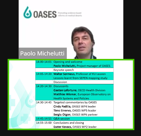 INHWE_Network's tweet photo. And we're off! The @oases_project 1st Anniversary Webinar starts with Paolo Michelutti @MicheluttiPaolo @Agenas_Salute 🇮🇹 welcoming speakers and attendees with the agenda for the day #OASES_Project #OASESProject You can join the live event here > https://t.co/EgcP29wJS1 @EU_HaDEA https://t.co/lQjl16qhY8
