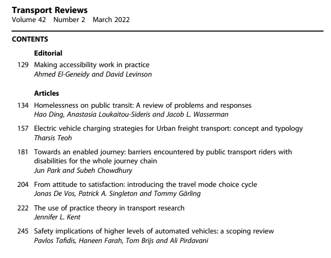 TransptReviews's tweet image. Have a look at our new issue (vol. 42, issue 2): tandfonline.com/toc/ttrv20/42/… with great work from @tharsis_teoh, @singletonpa, @jenniferleekent, @trnsprtst, @ahmedelgeneidy, @Pavlos_Tafidis, @Haneen1Farah, @TBrijs, @DV_Jonas and many others. @RoutledgeGPU
