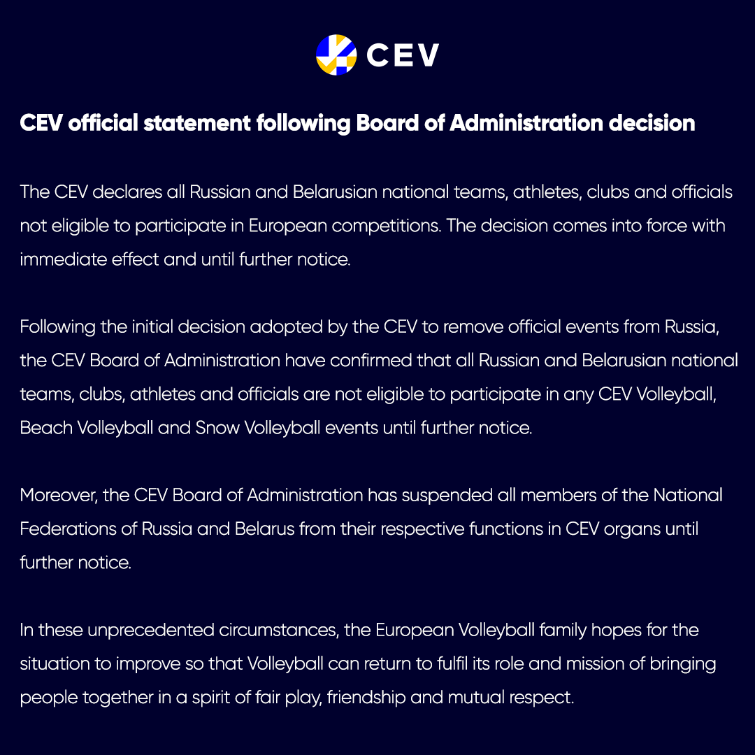CEVolleyball's tweet photo. CEV official statement.
Luxembourg, March 1, 2022. https://t.co/ViB8llFmE8