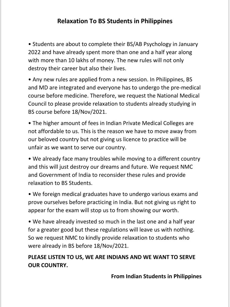 His_Excellenncy's tweet photo. After spending almost 2 years and millions of money in BS (Philippines), NMC now has refused to recognise our degree. Hence we request NMC to please provide relaxation to students who are already studying in BS before 18/Nov/2021.
#NMCproviderelaxation https://t.co/YJYQLyh30t
