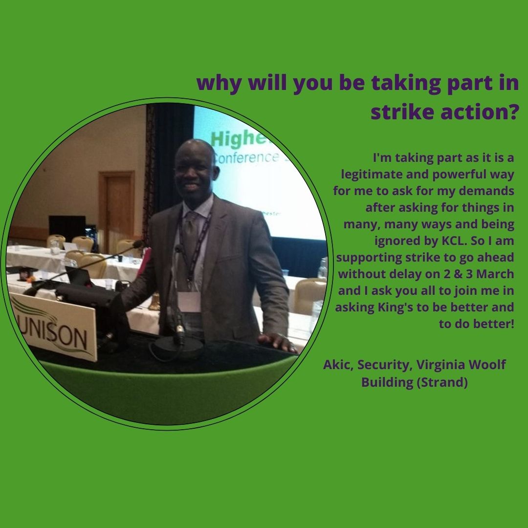 KCLUnison's tweet photo. We asked some of our members: "why will you be taking part in strike action on 2 &amp; 3 March?" and here's what the had to say:

#HEPayBallot
#NotGoodEnough
#OneOfUsAllOfUs https://t.co/1jd81ZX0G9
