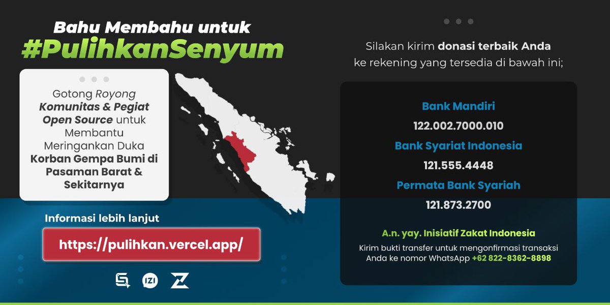 Gotong royong komunitas &amp; penggiat open source untuk membantu meringankan duka korban gempa bumi di Pasaman Barat &amp; sekitarnya.

Mari bahu membahu untuk #PulihkanSenyum korban gempa bumi di Pasaman dan sekitarnya.

Info seputar donasi:
pulihkan.vercel.app