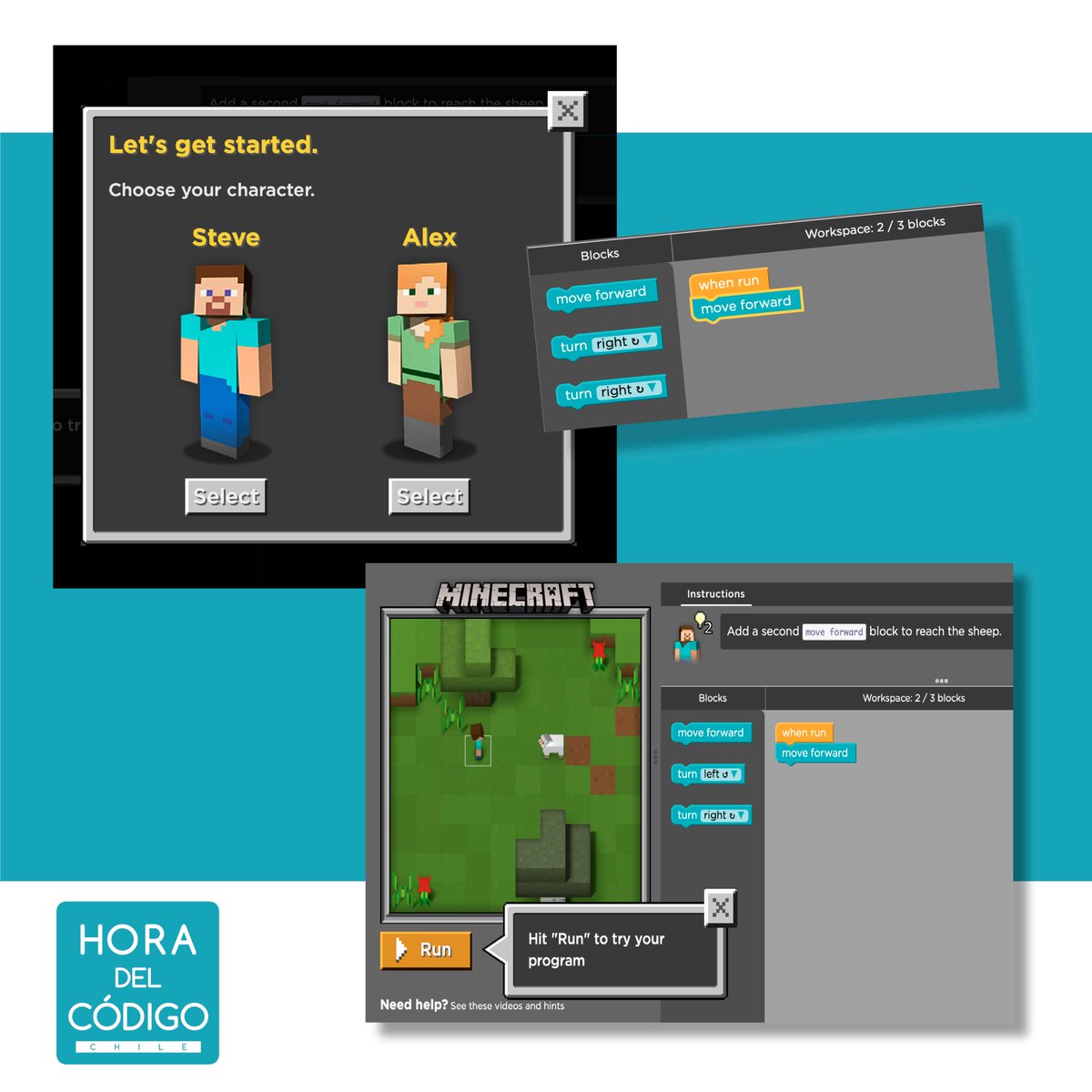¿Quieres a aprender a programar de la manera más entretenida?😃 Uno de los juegos más entretenidos que tenemos para ti es "Minecraft Hour of Code"💥. ¡Elige a Steve o Alex y completa las etapas! Encuéntralo en horadelcodigo.cl