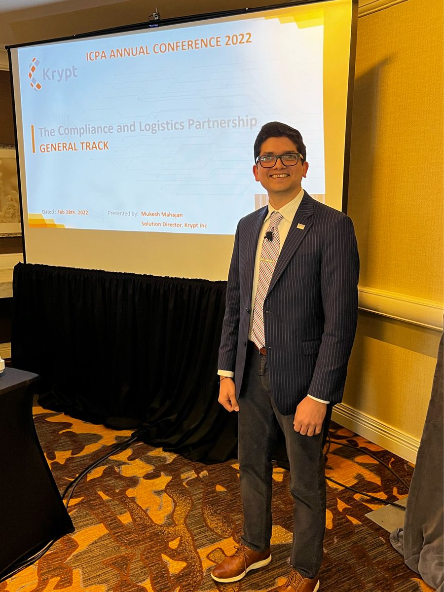 Kryptinc's tweet image. Mukesh Mahajan presented at the ICPA, Inc - International Compliance Professionals Association 2022 Annual Conference on &quot;The Compliance and Logistics Partnership&quot;. 

#ICPA #KryptInc #Kryptevents #Kryptconferences #S #SAPGTS #globaltrade #supplychain #compliance #logistics