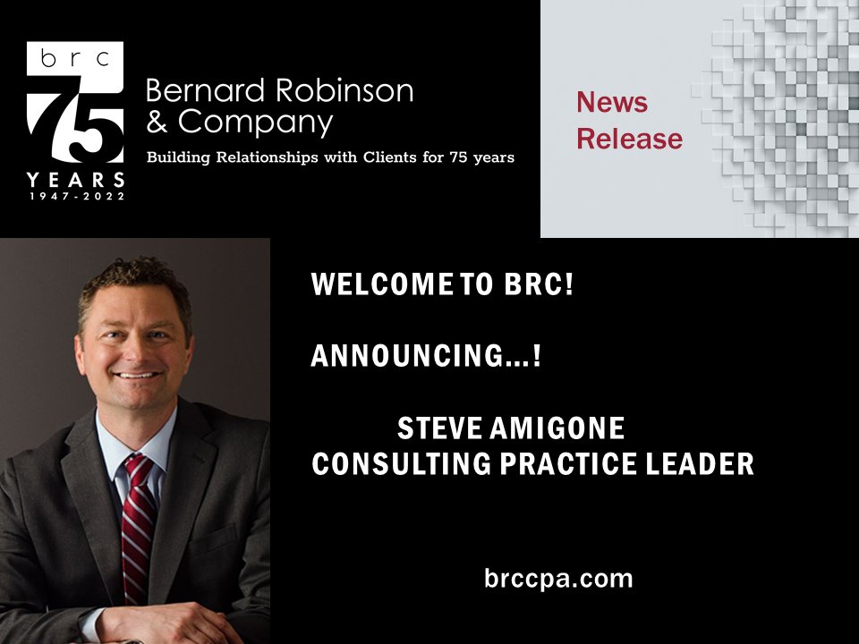 BRCCPA's tweet photo. BRC is pleased to announce that Steve Amigone has joined the Firm as Consulting Practice Leader. Steve will lead our talented team in the following areas: CFO Consulting, IT Solutions, M&amp;A, Forensics/Valuation, Client Accounting Services, Outsourcing &amp; Business Transformation. https://t.co/Dg1By3dG53