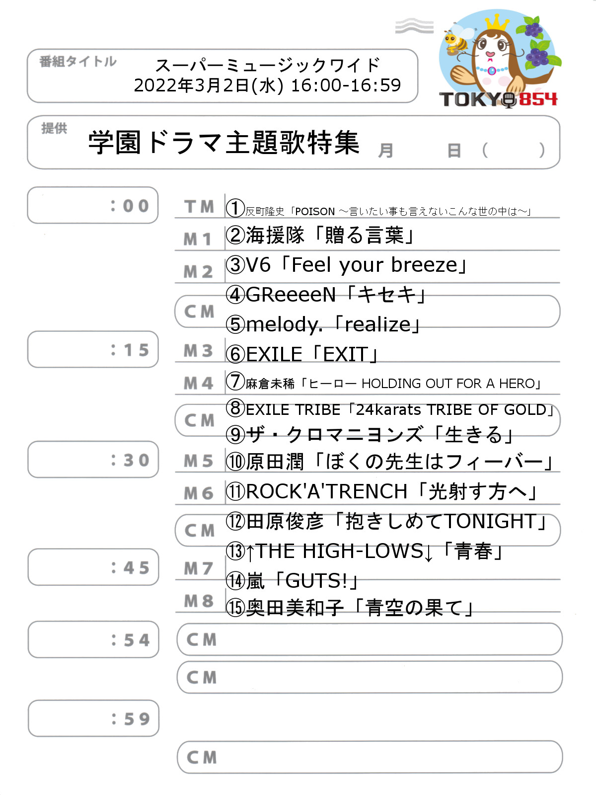 じーむら Tokyo854くるめラ 16時 スーパーミュージックワイド は 学園ドラマ 主題歌特集 をお届け 懐かしい曲をお楽しみください 反町隆史 海援隊 V6 Greeeen Melody Exile 麻倉未稀 Exiletribe ザ クロマニヨンズ 原田潤 ロッカ
