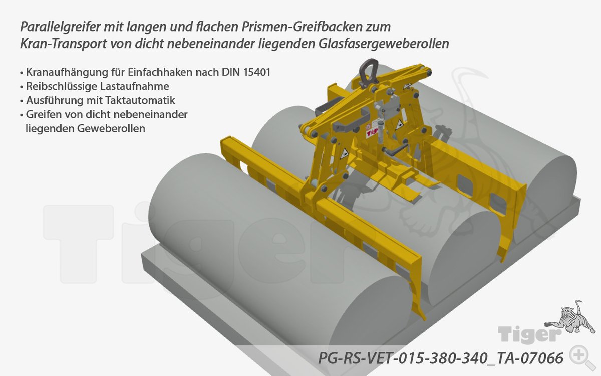 #Parallelgreifer mit langen und flachen Prismen-Greifbacken zum #Krantransport von dicht nebeneinander liegenden Glasfasergeweberollen
 
• Kranaufhängung für Einfachhaken nach DIN 15401
• Reibschlüssige Lastaufnahme
• #Lastaufnahmemittel Taktautomatik

tiger-lastaufnahmemittel.de/8941/parallelg…