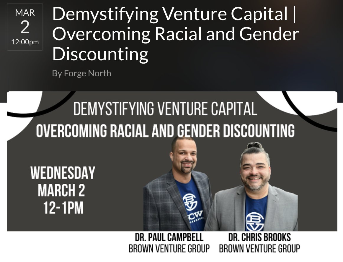 TOMORROW - looking fwd to tuning in to hear my friends <a href="/PaulCampbellMN/">Dr. Paul Campbell</a> and @chrisbbrooks <a href="/BVG_TwinCities/">Brown Venture Group, LLC</a> lead this important installment of the Demystifying Venture Capital series brought to you by the MN Investors Network + <a href="/forgenorthmn/">Forge North</a>. Register here: crowdcast.io/e/demystifying…