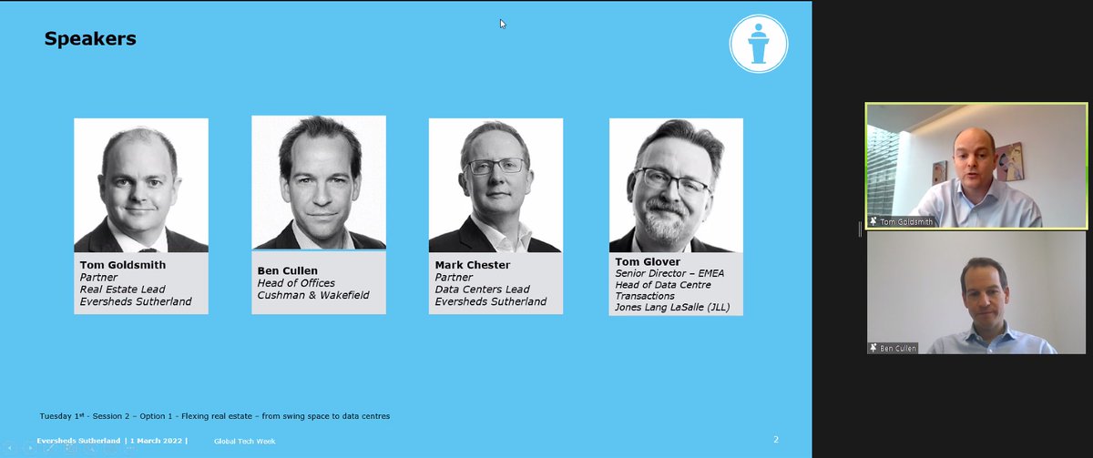 ESTMTlaw's tweet image. Flexing real estate, from swing space to data centers - Tom Goldsmith and Mark Chester @ESgloballaw, in conversation with Ben Cullen and Tom Glover on how demand on Data Centers and Real Estate/Office Space will change in the future.

#GlobalTechWeek #Digitalization #RealEstate