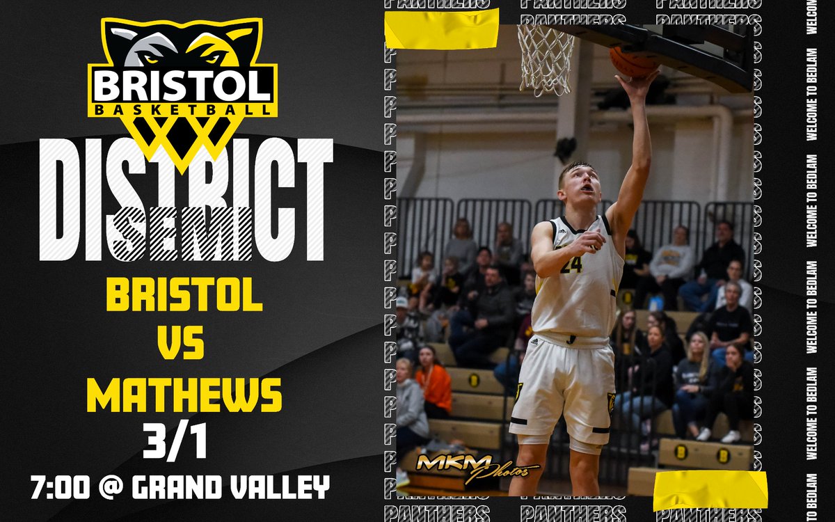 GAMEDAY !!!

District Semi-Final

#6 Bristol (17-6) vs #1 Mathews (23-1)

7:00 PM @ Grand Valley HS

Buy your tickets now at ohsaa.org/tickets and follow prompts to DIV Orwell.

We are expecting a very large crowd!  Come support your Panthers and wear your black and gold.