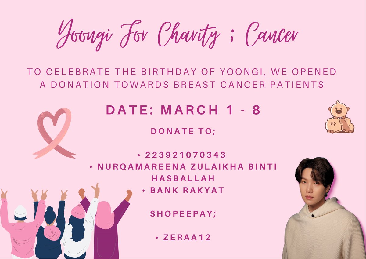 MY_btsarmy's tweet photo. YOONGI FOR CHARITY ; CANCER 🐱🎗

To celebrate the birthday of our talented SUGA, we opened this donation project to give help towards breast cancer patients in Malaysia by donating it to “Breast Cancer Foundation”.

🗓: Mar 1 - Mar 8

Any amount is appreciated! 💜
@BTS_twt https://t.co/1OPDTvfQw0
