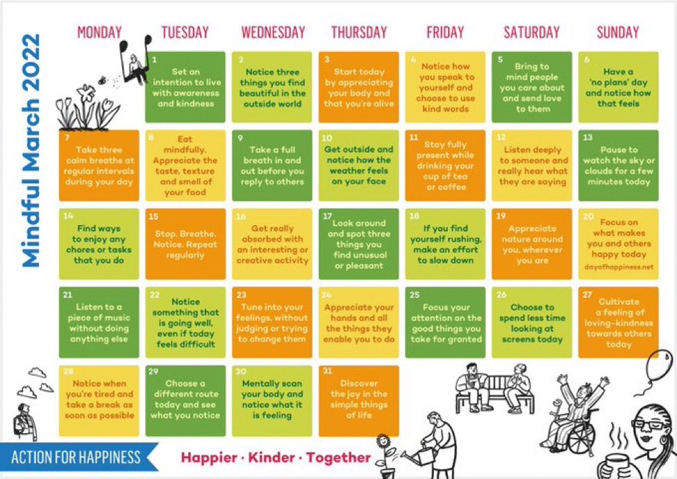 Social and Emotional Learning and Culture - Aldine (@selculture_aisd) on Twitter photo Today marks the first day of Mindfulness March! Use these daily actions to help you be more mindful and live in the moment. <a href="/AldineISD/">Aldine ISD</a> <a href="/Lorenzo86067552/">Lorenzo Moore</a> <a href="/KatyRoede/">Katy Roede</a> <a href="/drgoffney/">Dr. LaTonya M. Goffney</a> actionforhappiness.org/calendar Today marks the first day of Mindfulness March! Use these daily actions to help you be more mindful and live in the moment. <a href="/AldineISD/">Aldine ISD</a> <a href="/Lorenzo86067552/">Lorenzo Moore</a> <a href="/KatyRoede/">Katy Roede</a> <a href="/drgoffney/">Dr. LaTonya M. Goffney</a> actionforhappiness.org/calendar