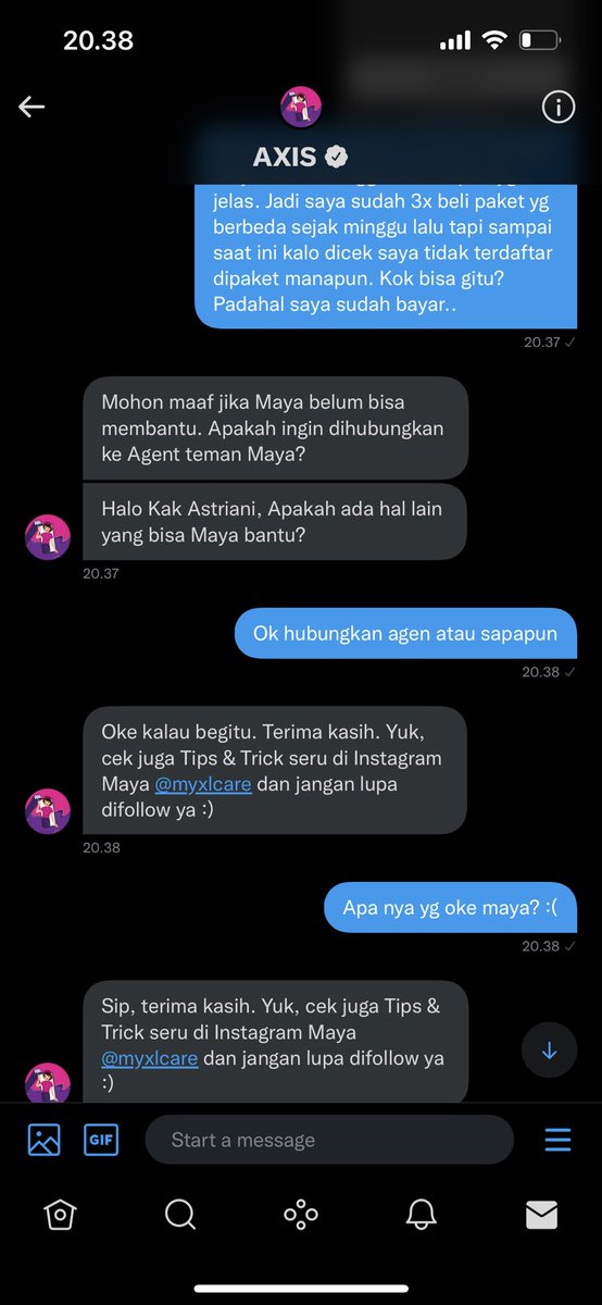 justcallmenia's tweet photo. @ask_AXIS Saya uda DM Mba Maya tapi kok yg jawab bot &amp; ga ada penyelesaian? Mba Maya sehat? :( https://t.co/ymE6aOy1TR