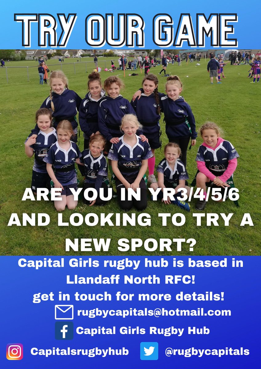 Calling all primary schools in the Cardiff area! <a href="/RugbyCapitals/">Capitals W&G Rugby Hub</a> have our first training session of the season this Wednesday 6-7:15pm at <a href="/LNRFC/">Llandaff North RFC</a>! U9’s and U11’s are recruiting new players!! <a href="/KiraPhilpott/">Kira Philpott</a> <a href="/GethinOwen5/">Gethin Owen</a> <a href="/whitchurchwrfc/">Whitchurch RFC Women</a> <a href="/LNRFCwomen/">Llandaff North RFC Women</a> <a href="/QuinsGirlsRugby/">Quins Girls Rugby</a> <a href="/GirlsWanderers/">GWRFC Girls and Women’s rugby</a>