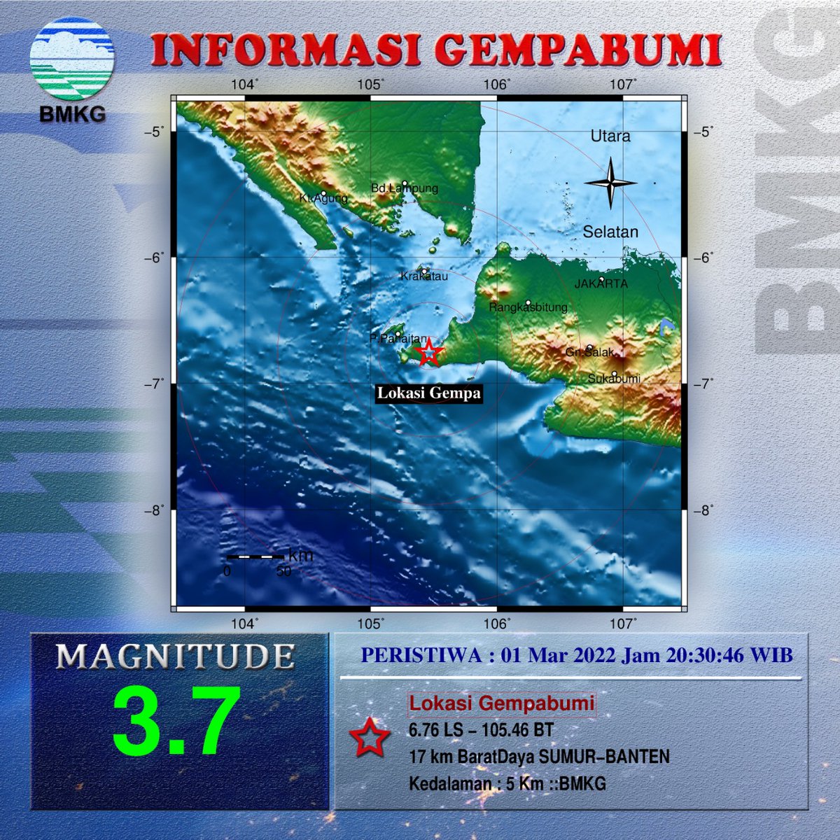 Info Gempa Mag:3.7, 01-Mar-22 20:30:46 WIB, Lok:6.76 LS - 105.46 BT (17 km BaratDaya SUMUR-BANTEN), Kedlmn: 5 Km ::BMKG