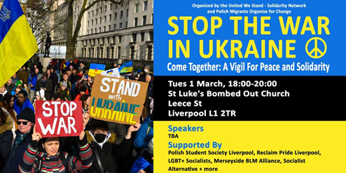 Please join the vigil for #Ukraine tonight at 6pm, St. Luke's Church, Leece Street, #Liverpool <a href="/MerseysideSTW/">Merseyside Stop War</a> <a href="/LiverpoolPax/">PaxChristiLiverpool</a> Come together in peace and solidarity