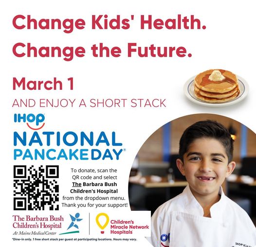 999thewolf's tweet photo. Today at participating @IHOP restaurants, donate to #BBCH at @MaineMed  and enjoy a free short stack of pancakes* from 7am-3pm in celebration of #NationalPancakeDay! 
*Dine in only, some locations may honor to-go. 🥞
Details here: https://t.co/6CsMZXe6gF https://t.co/8WD8V6KMxM