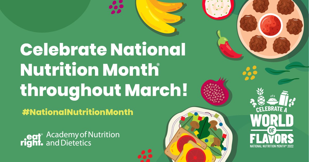 It's the first day of #NationalNutritionMonth, and this year's theme is "Celebrate A World Of Flavors!" 🌍🍽️

Throughout March, we'll share tips about developing healthful eating and physical activity habits. Learn more and get involved: sm.eatright.org/NNMinfo

#eatright