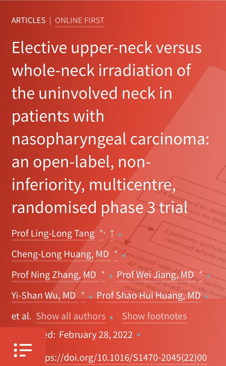 #Great study and outcomes!!!
#Noninferiority RCT testing WNI vs omission of lower neck in N0/1 #nasopharyngealcancer
No difference in recurrence/OS, but reduced tox 
Congrats to all authors!!!👏
We need more studies like this!!
#headneckcancer #radonc
thelancet.com/journals/lanon…