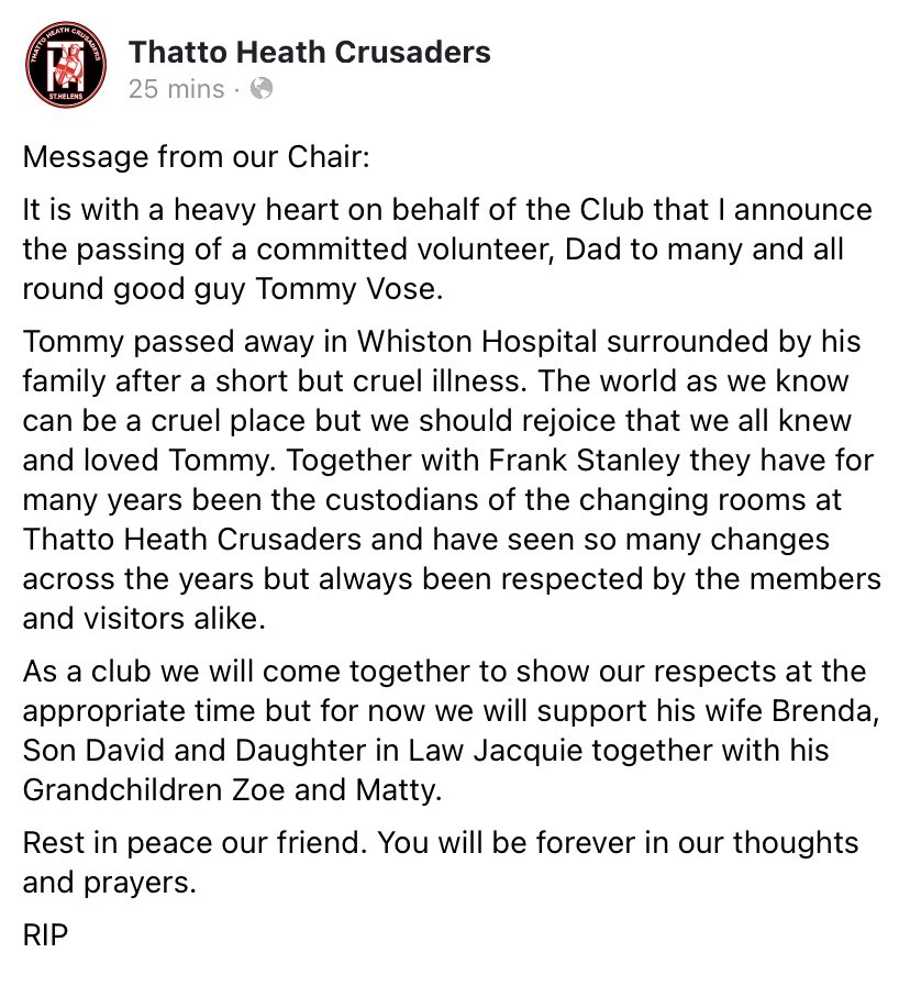 A sad day for our club, our thoughts and prayers go out to all his family. #riptommy ❤️🖤