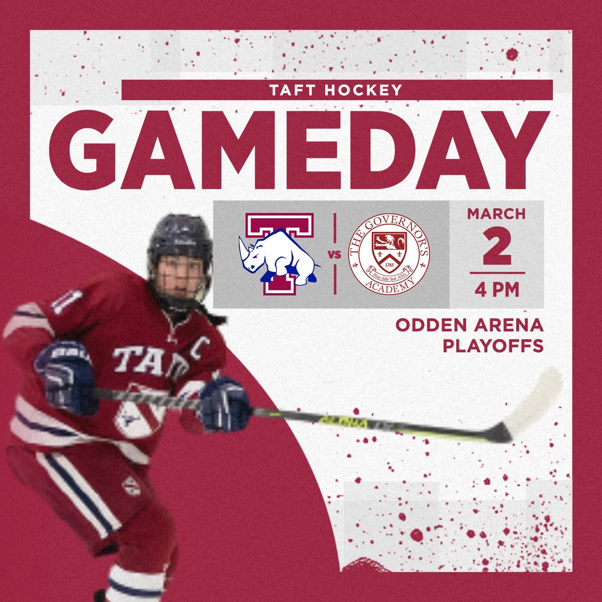 @TaftGirlsHockey is in the Big School Playoffs! #4 seed Taft will take on #5 @govsathletics on Wednesday at 4:00 in Odden Arena! Best of luck to our athletes! #taftathletics #gorhinos #gobigred