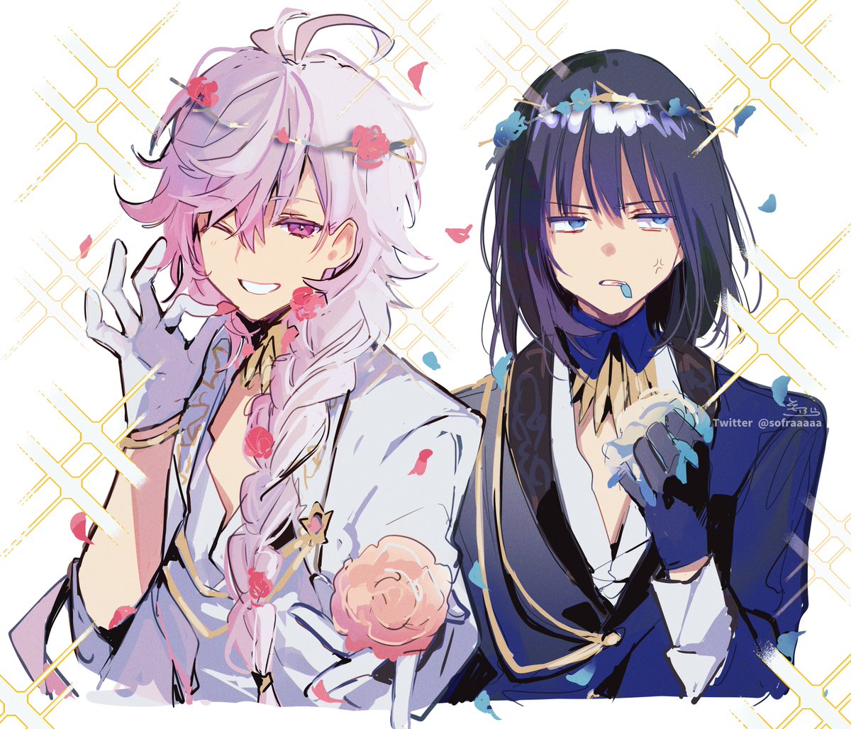 merlin (fate) ,oberon (fate) multiple boys 2boys one eye closed holding flower flower gloves male focus  illustration images