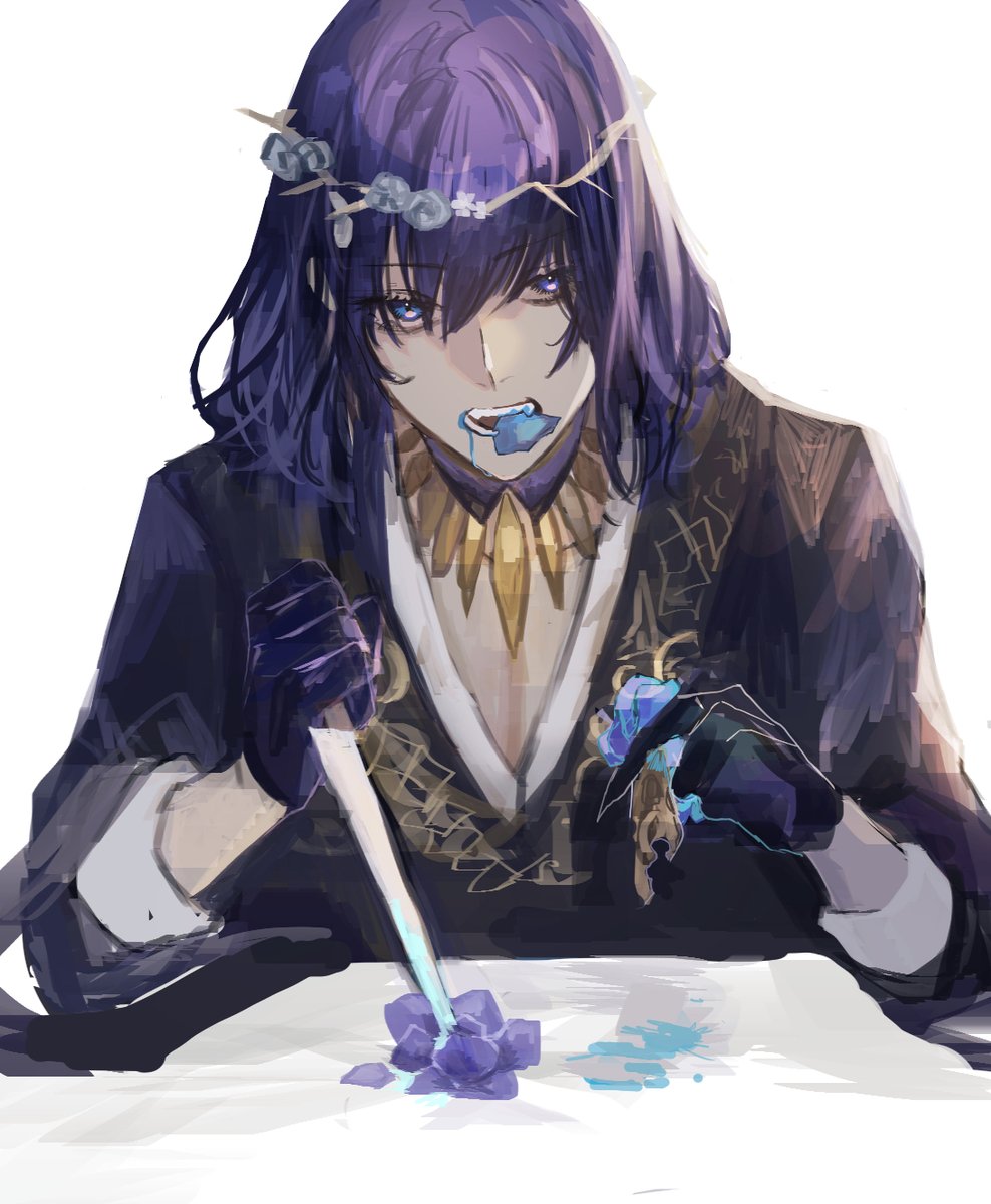 oberon (fate) 1boy male focus solo blue eyes knife medium hair holding  illustration images