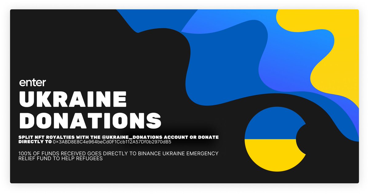 🇺🇦We’ve set up a Ukraine Donations account.

1: Artists can split up to 100% of royalties with this account.

2: Anyone can send any BSC token directly.

3: If you can’t donate, like and share to help spread the message!

100% goes directly to the Binance Ukraine Relief Fund.
